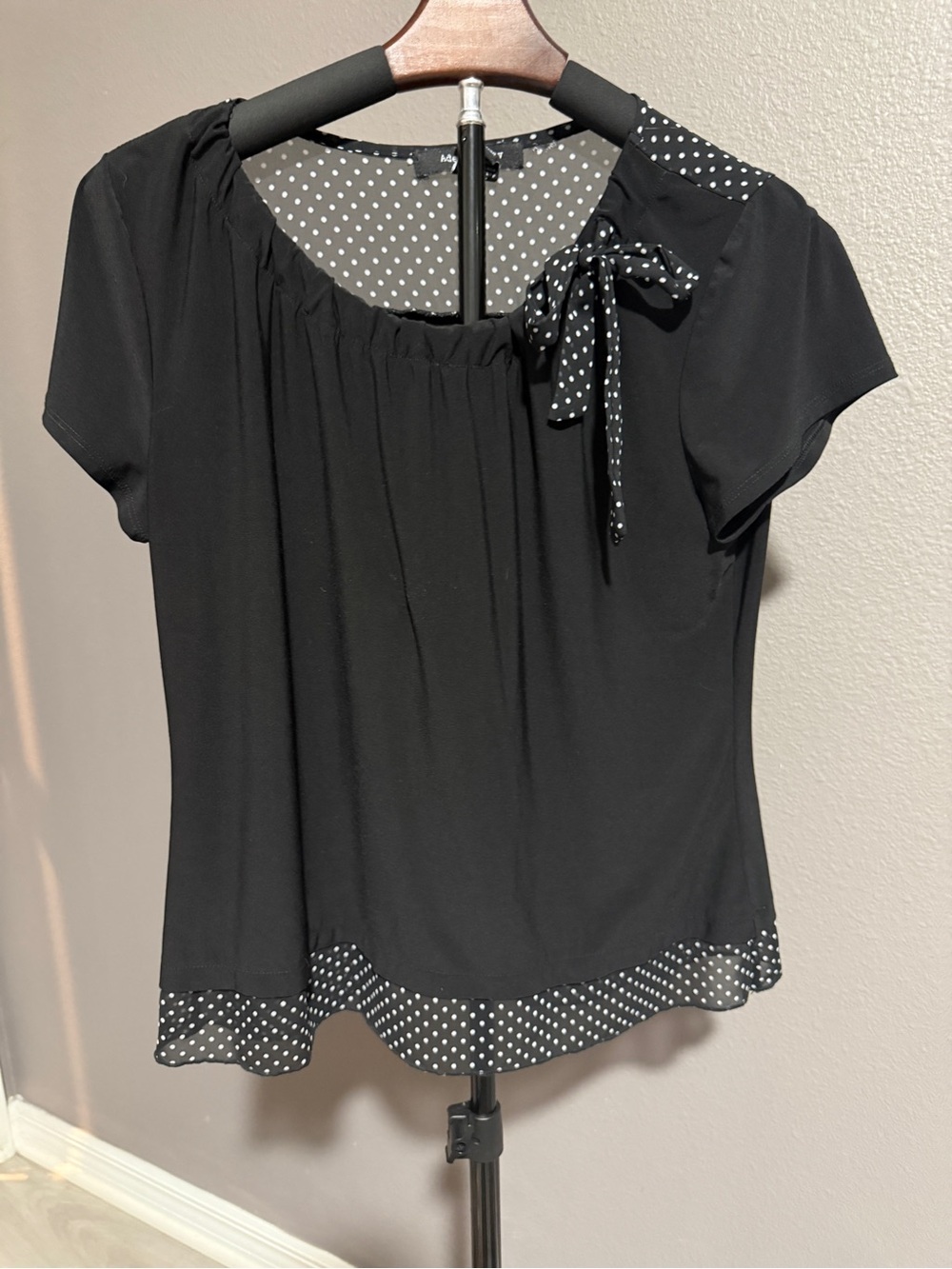 Women's Black Short Sleeve Blouse with Polka Dot Trim
